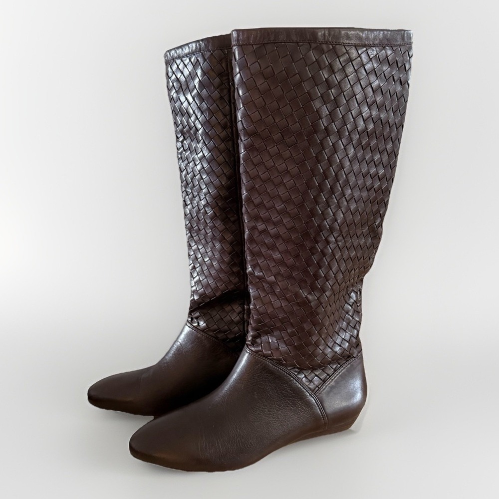 Antonio Melani Women's 8M Brown Woven Leather Tall Boots Flat Wedge Riding